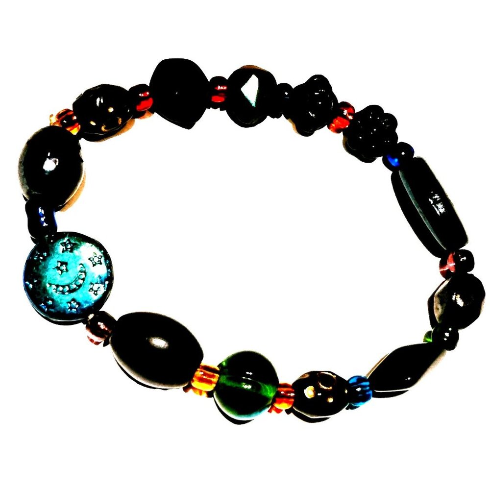 Art Glass Bead Bracelet Vintage Artisan Black Gold Iridescent Goth 7 inch